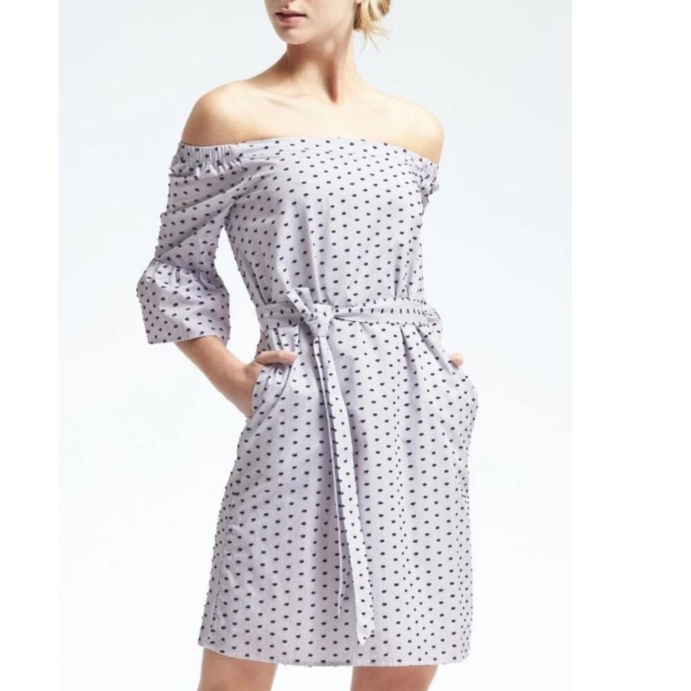 🤍 Banana Republic Swiss Dot Off-The-Shoulder Dress | Size XL | White Navy